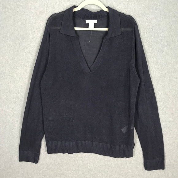 Halston Linen Sweater XL Navy Purple Sheer Minimalist Quiet Luxury Tennis Prep - Picture 1 of 10